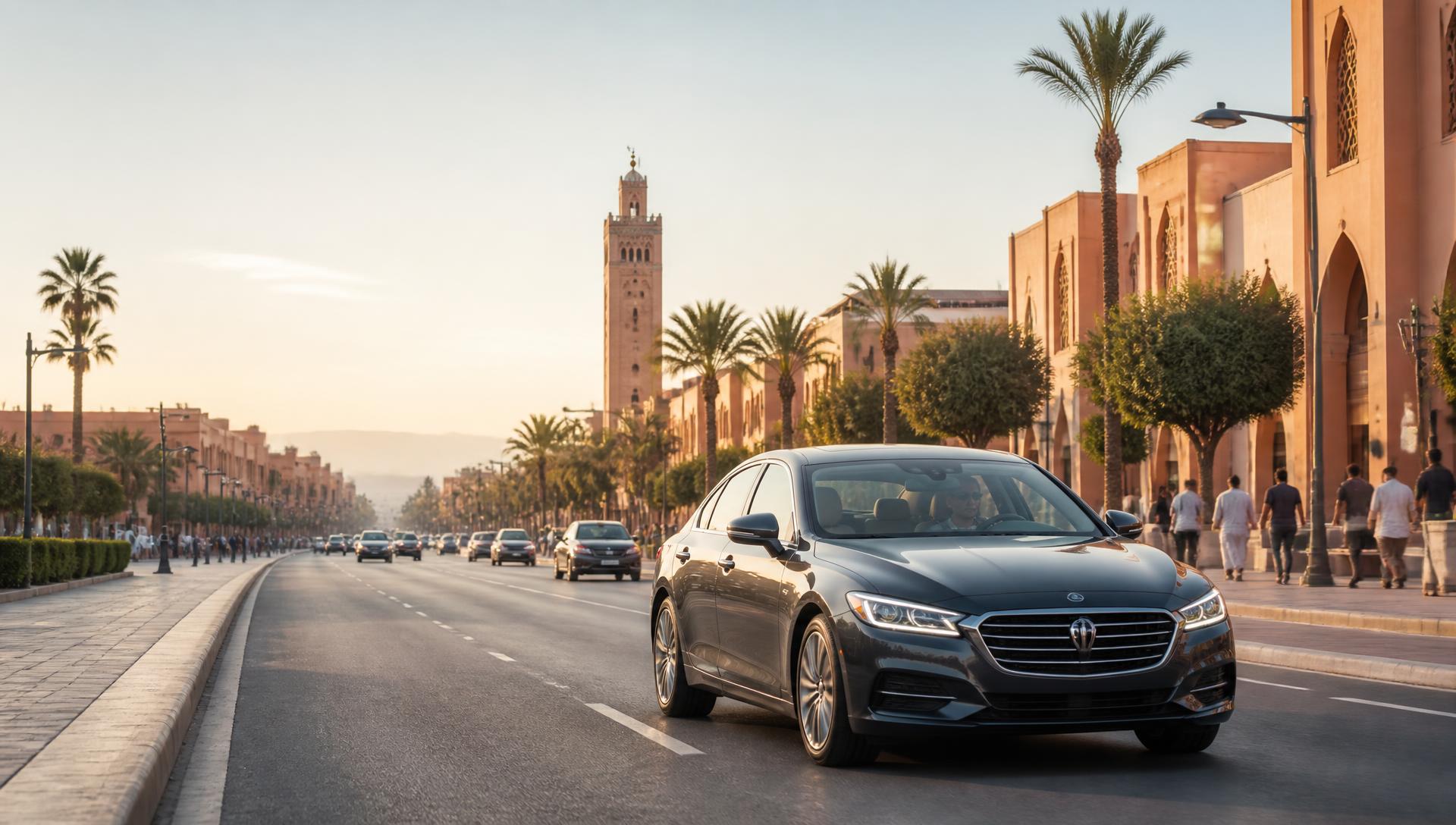A private car travelling along a palm-lined boulevard in Marrakech